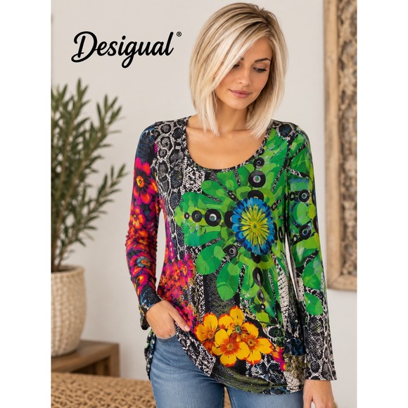 Desigual Tops - Desigual Women Floral Snakeskin Patchwork Long Sleeve VNeck Tunic Boho Top Large